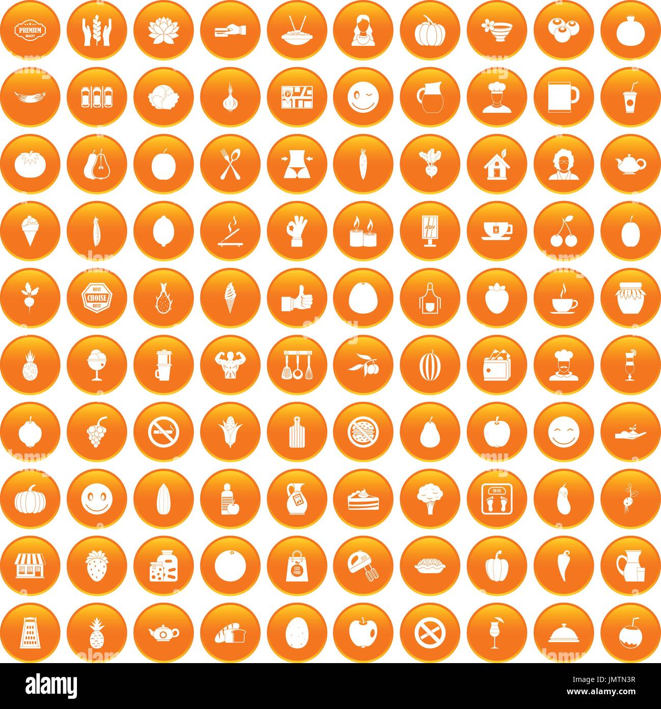 100 vegetarian cafe icons set orange Stock Vector
