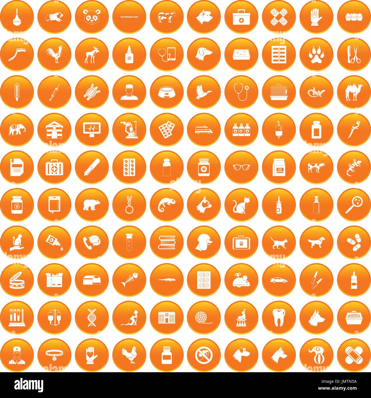 100 veterinary icons set orange Stock Vector