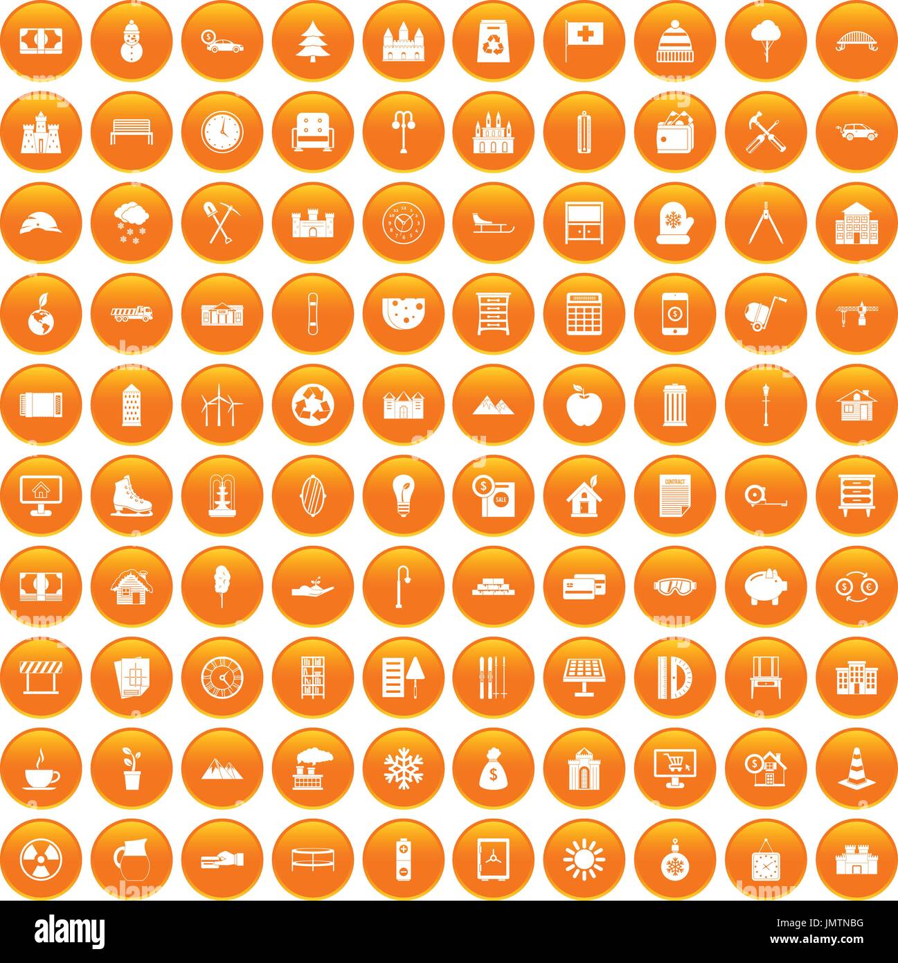 100 villa icons set orange Stock Vector