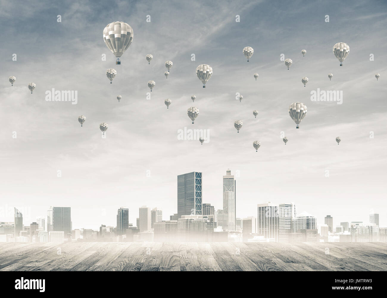 Concept of air pollution concept with aerostats flying above cit Stock ...