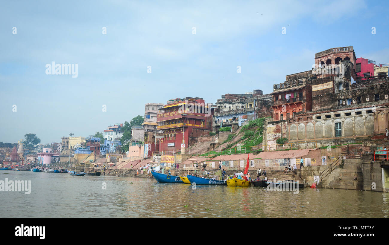 Varanasi, India - Jul 12, 2015. Riverbank of Ganges in Varanasi, India. Varanasi also known as Benares, is a city on the banks of the Ganges in the Ut Stock Photo