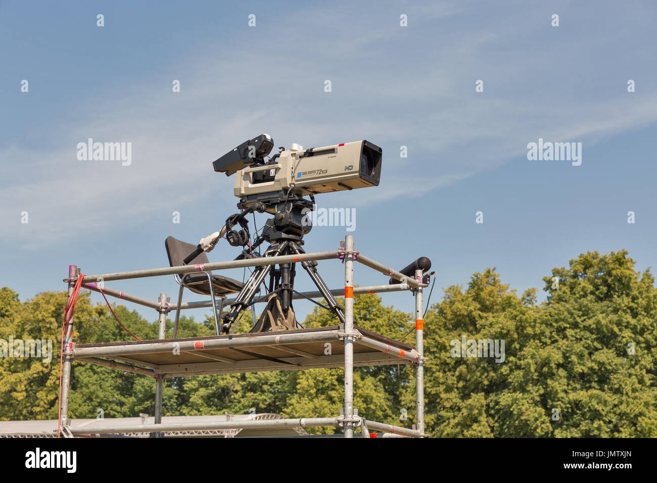 KIEV, UKRAINE - JUNE 28, 2017: Canon and Sony professional TV camera ready for video shooting outdoors at the Atlas Weekend music festival stage in Na Stock Photo