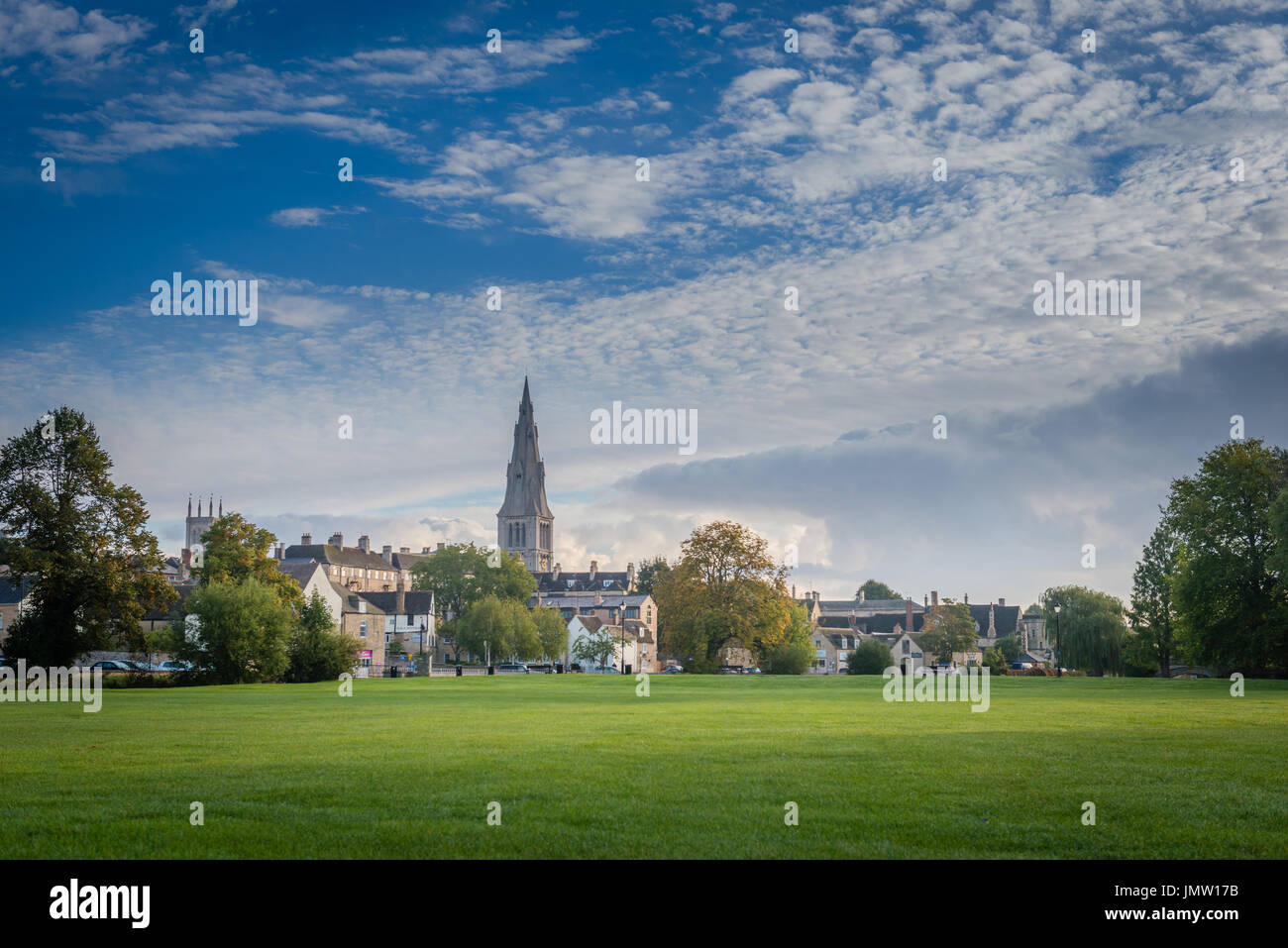 Picturesque views of the historic Lincolnshire town of Stamford taken from the Town Meadows featuring some of it's many church spires. Stock Photo