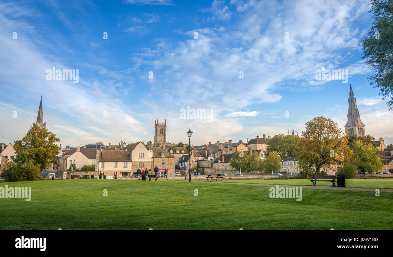 Picturesque views of the historic Lincolnshire town of Stamford taken from the Town Meadows featuring some of it's many church spires. Stock Photo