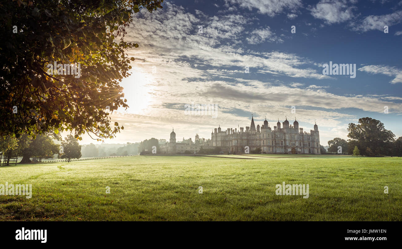 The sixteenth century Elizabethan Burghley mansion house built by William Cecil in 1555. Near Stamford, Lincolnshire and taken at dawn in Autumn. Stock Photo
