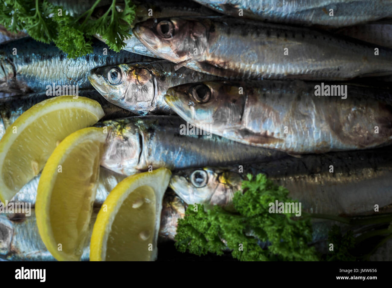 Sardines, lemon and parsley. Stock Photo