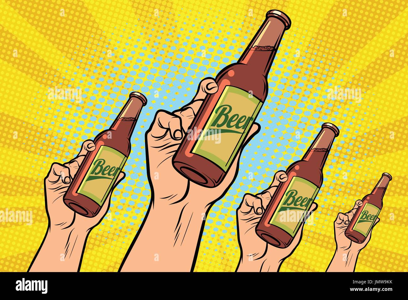 many hands with a bottle of beer Stock Vector