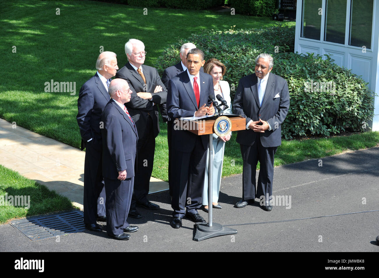 Washington, D.C. - May 13, 2009 -- United States President Barack Obama, surrounded by Democratic Congressional Leaders, delivers a statement calling for action on health care reform on the South Lawn outside the Oval Office on Wednesday, May 13, 2009.  From left to right: U.S. Representative Henry Waxman (Democrat of California), Chairman, House Energy and Commerce Committee; Vice President Joseph Biden; U.S. Representative George Miller (Democrat of California), Chairman, House Committee on Education and Labor;  President Obama; U.S. House Majority Leader Steny Hoyer (Democrat of Maryland);  Stock Photo