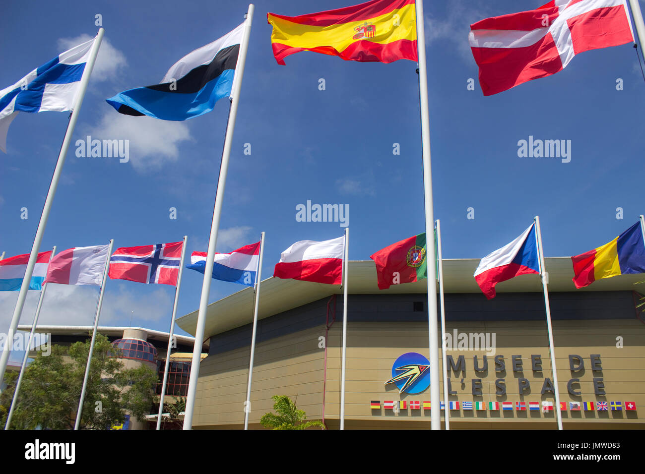 Upside down Estonian flag at the European Space Agency, French Guiana Stock Photo