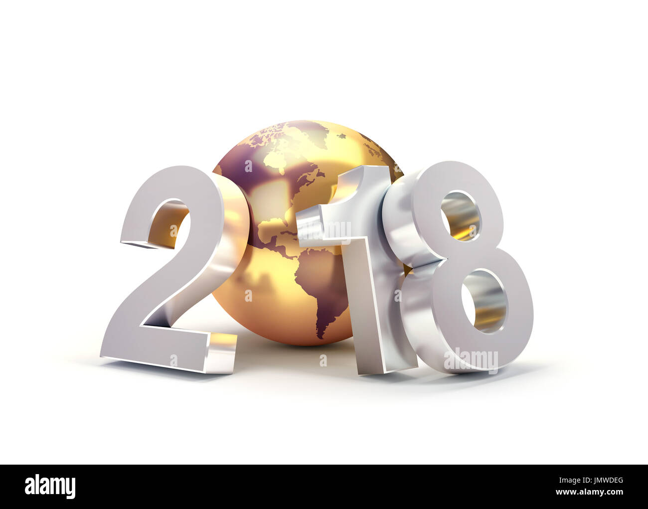 2018 New Year type composed with a golden planet earth, isolated on white - 3D illustration Stock Photo