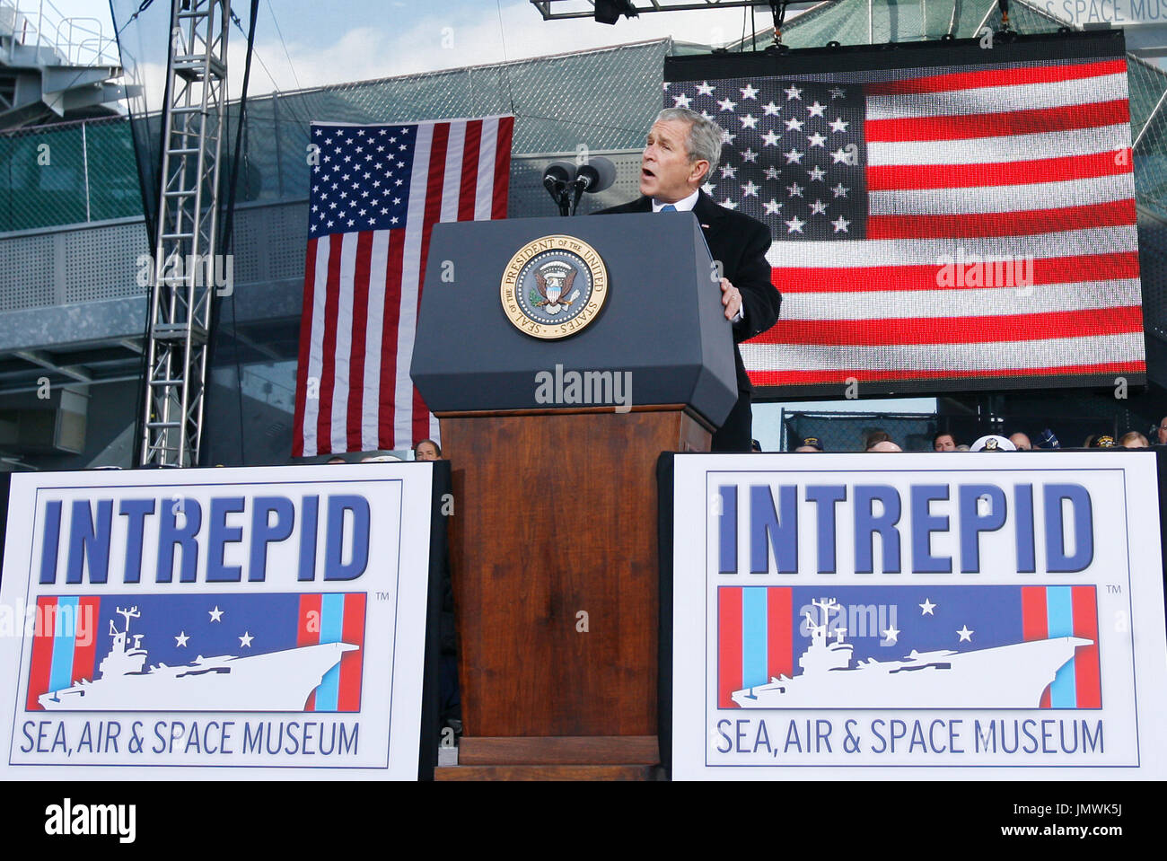 New York, NY - November 11, 2008 -- United States President President George W. Bush delivers remarks at a Veteran's Day rededication ceremony of the Intrepid Sea, Air and Space Museum in New York City on Tuesday, November 11, 2008. Credit: John Angelillo - Pool via CNP Stock Photo