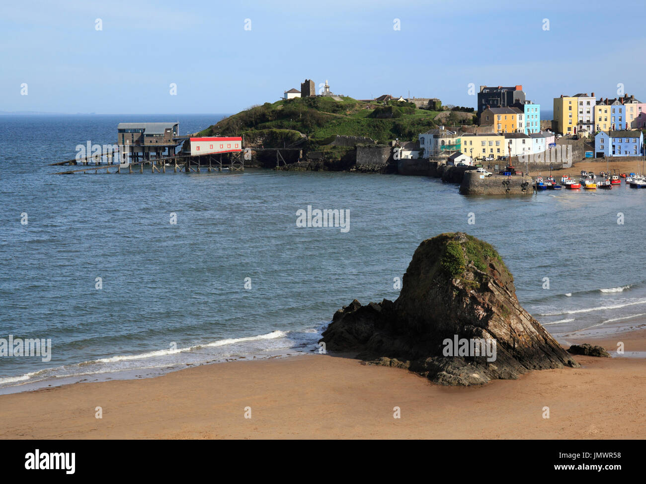 Castle Hill and the harbour viewed from North Beach, Tenby, Pembrokeshire, Wales, Europe Stock Photo