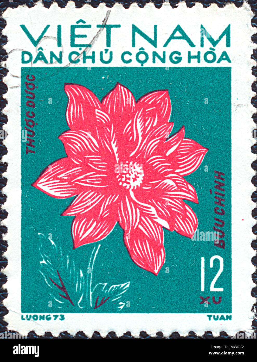 Vietnam 1973 Postage stamp printed in Vietnam shows red flower