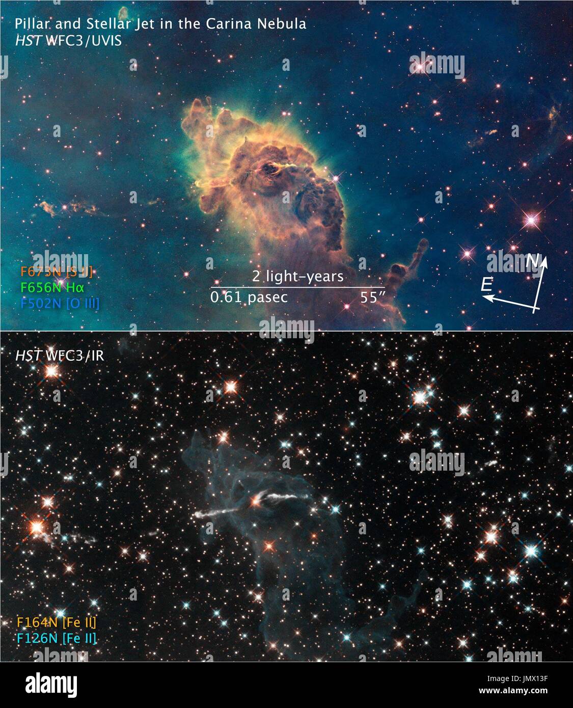 Washington, DC - September 9, 2009 -- These two images of a huge pillar of star birth demonstrate how observations taken in visible and in infrared light by the National Aeronautics and Space Administration's (NASA) Hubble Space Telescope reveal dramatically different and complementary views of an object.  The pictures demonstrate one example of the broad wavelength range of the new Wide Field Camera 3 (WFC3) aboard the Hubble telescope, extending from ultraviolet to visible to infrared light.  Composed of gas and dust, the pillar resides in a tempestuous stellar nursery called the Carina Nebu Stock Photo