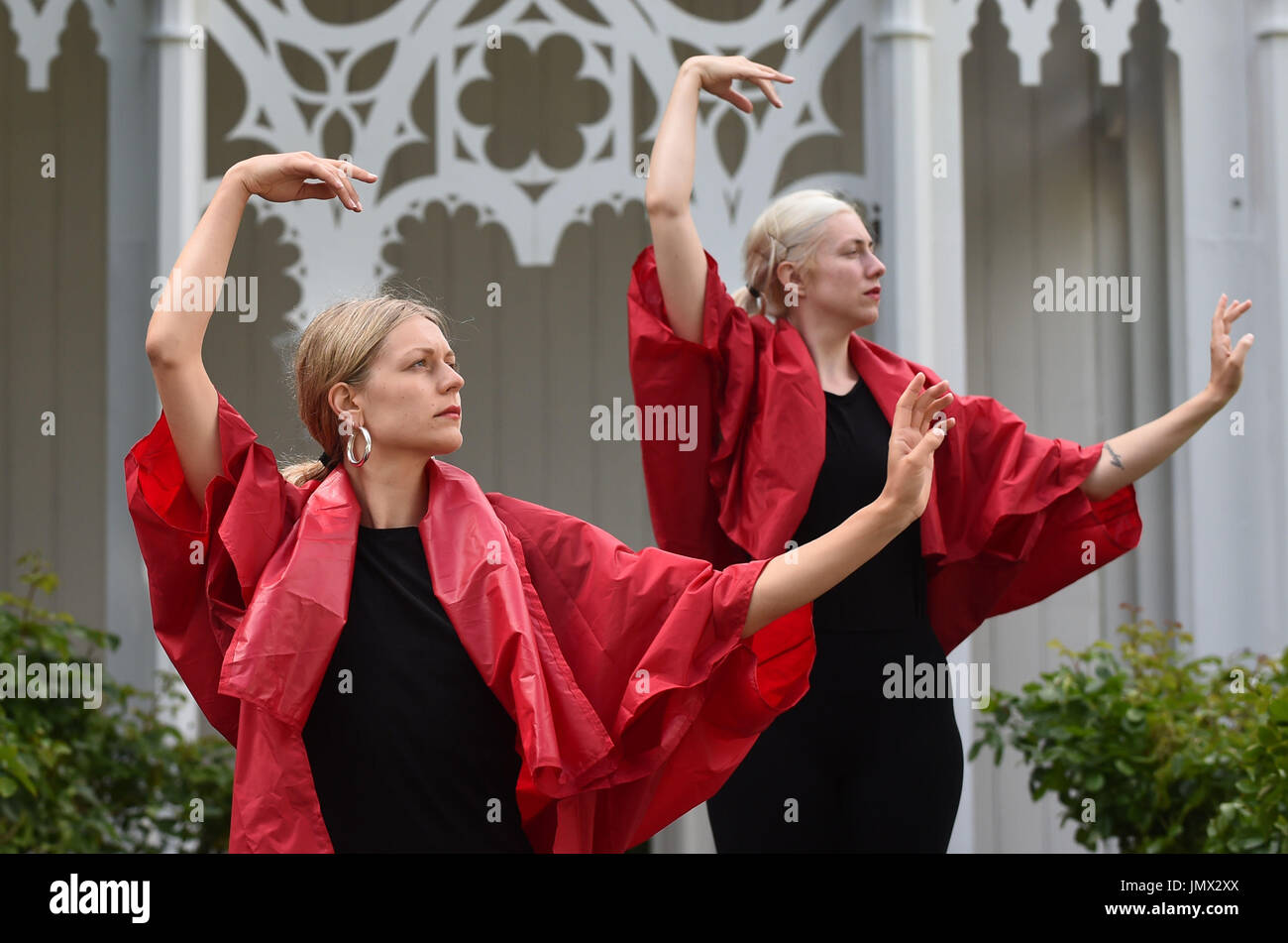 A rehearsal of Pablo Bronstein's ballet The Rose Walk is performed by classically trained dancers Rosalie Wahlfrid and Emilia Gasiorek (left) at the Jupiter Artland in West Lothian, which was commissioned for this year's Edinburgh Art Festival. Stock Photo