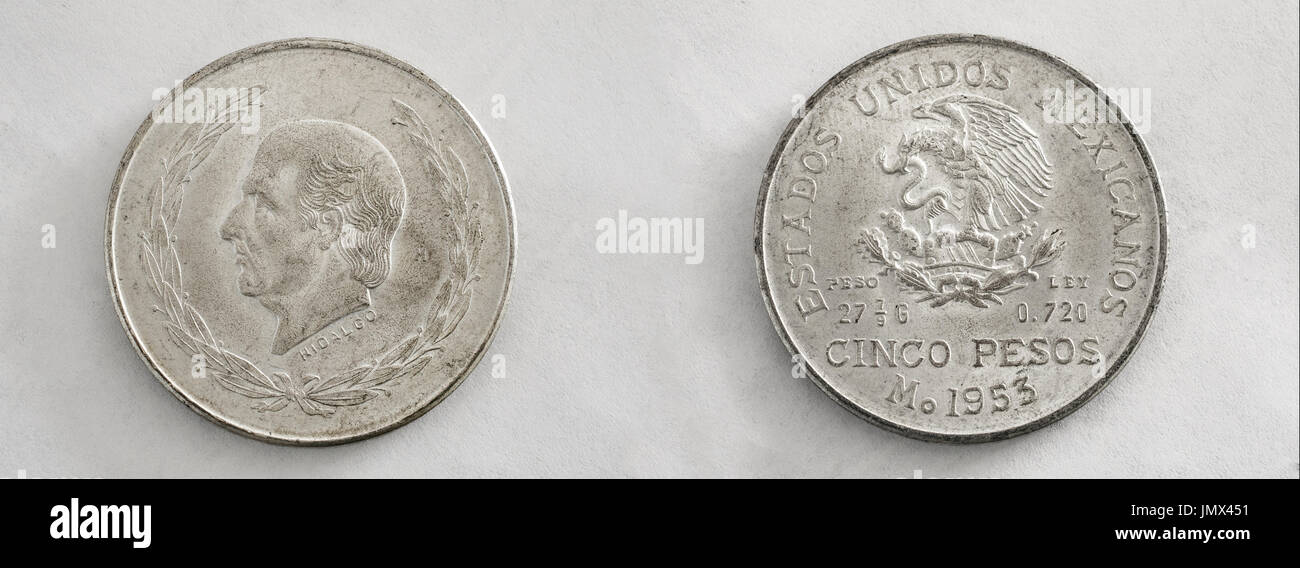 Five pesos Mexican Hidalgo silver coin. Stock Photo