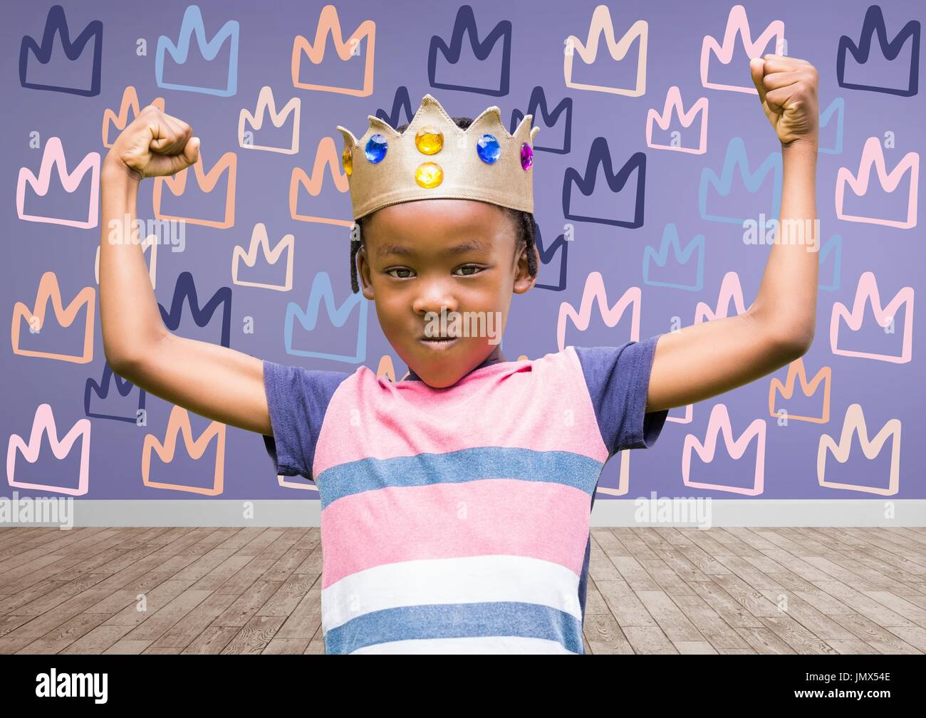 Digital composite of Boy with crown blank room background with king crown graphics Stock Photo