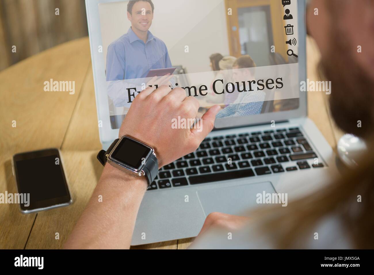 Man Computer Learing Digital composite of Man using a computer with e-learning information ...