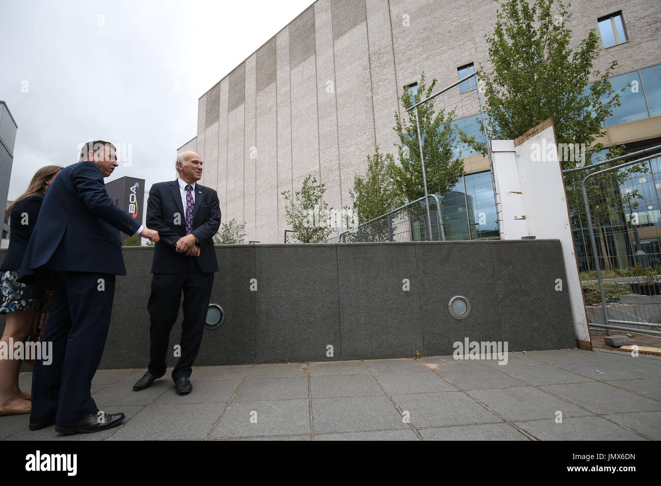 Julian Beer, vice chancellor of Birmingham City University (left) talks to Liberal Democrats leader Sir Vince Cable (right) during a tour of the university after speaking at the university's Centre for Brexit Studies. Stock Photo