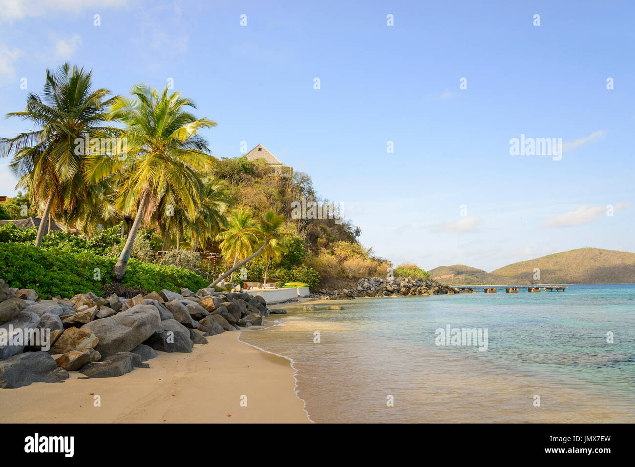Mango Bay with Palms and sandy beach, Virgin Gorda Island, British Virgin Islands, Caribbean Sea Stock Photo