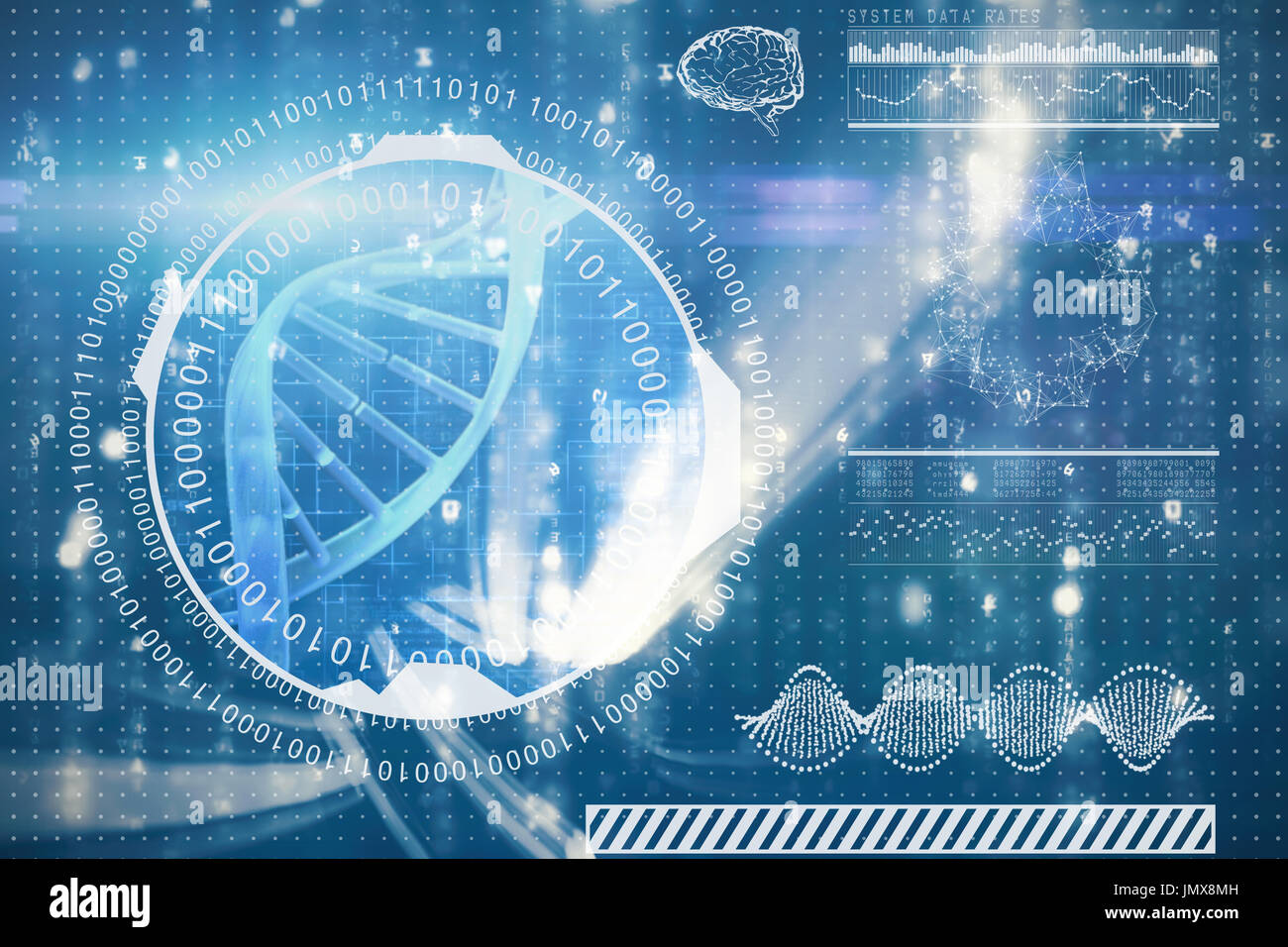 Digital image of DNA helix with numbers against monitor screen showing