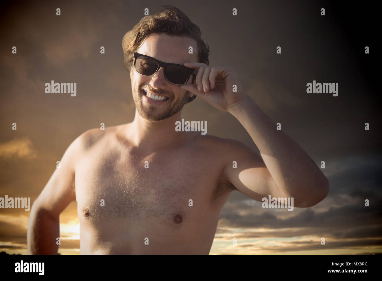 handsome men with sunglasses against cloudy sky landscape Stock Photo ...