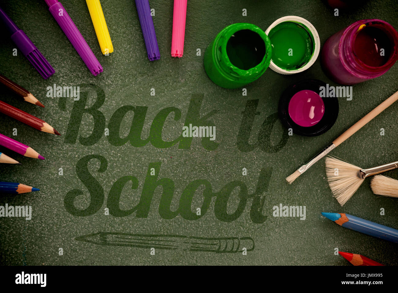 Back to school text over white background against high angle view of watercolor paints with highlighters Stock Photo