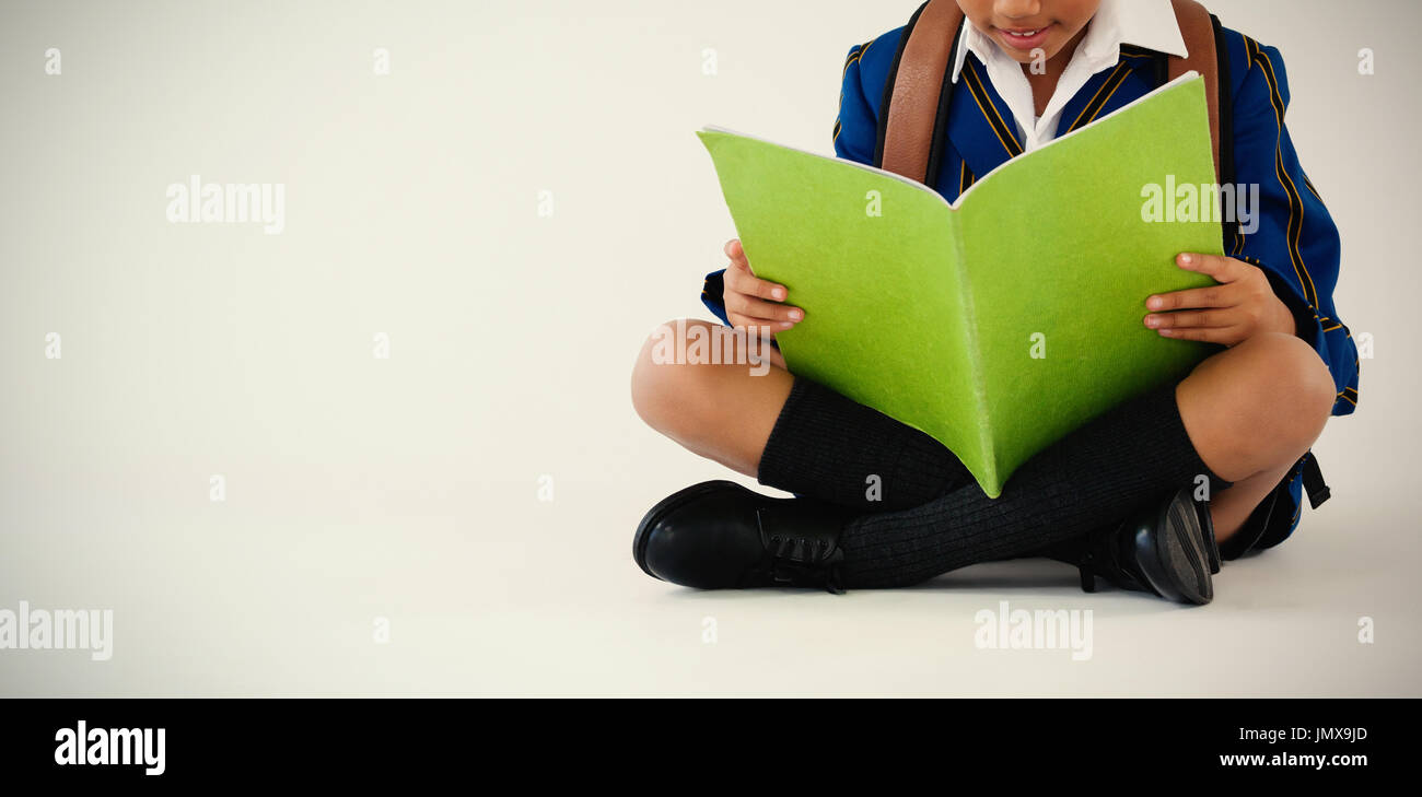 Attentive schoolboy reading book on white background Stock Photo - Alamy