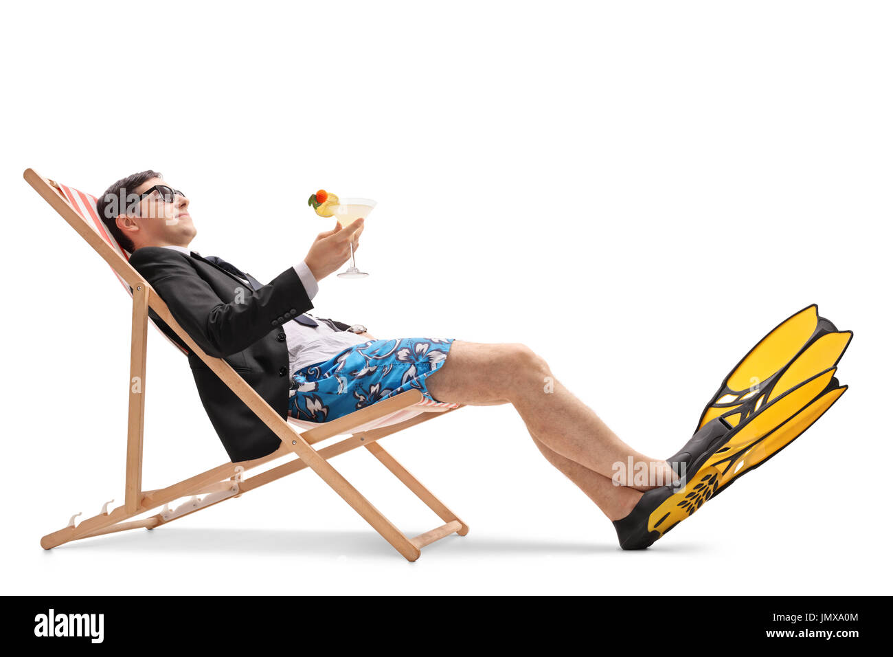 Businessman with swimming fins and a cocktail relaxing in a deck chair isolated on white background Stock Photo