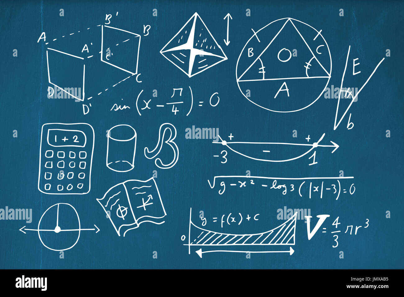 Geometric shapes with calculator against blackboard with copy space on