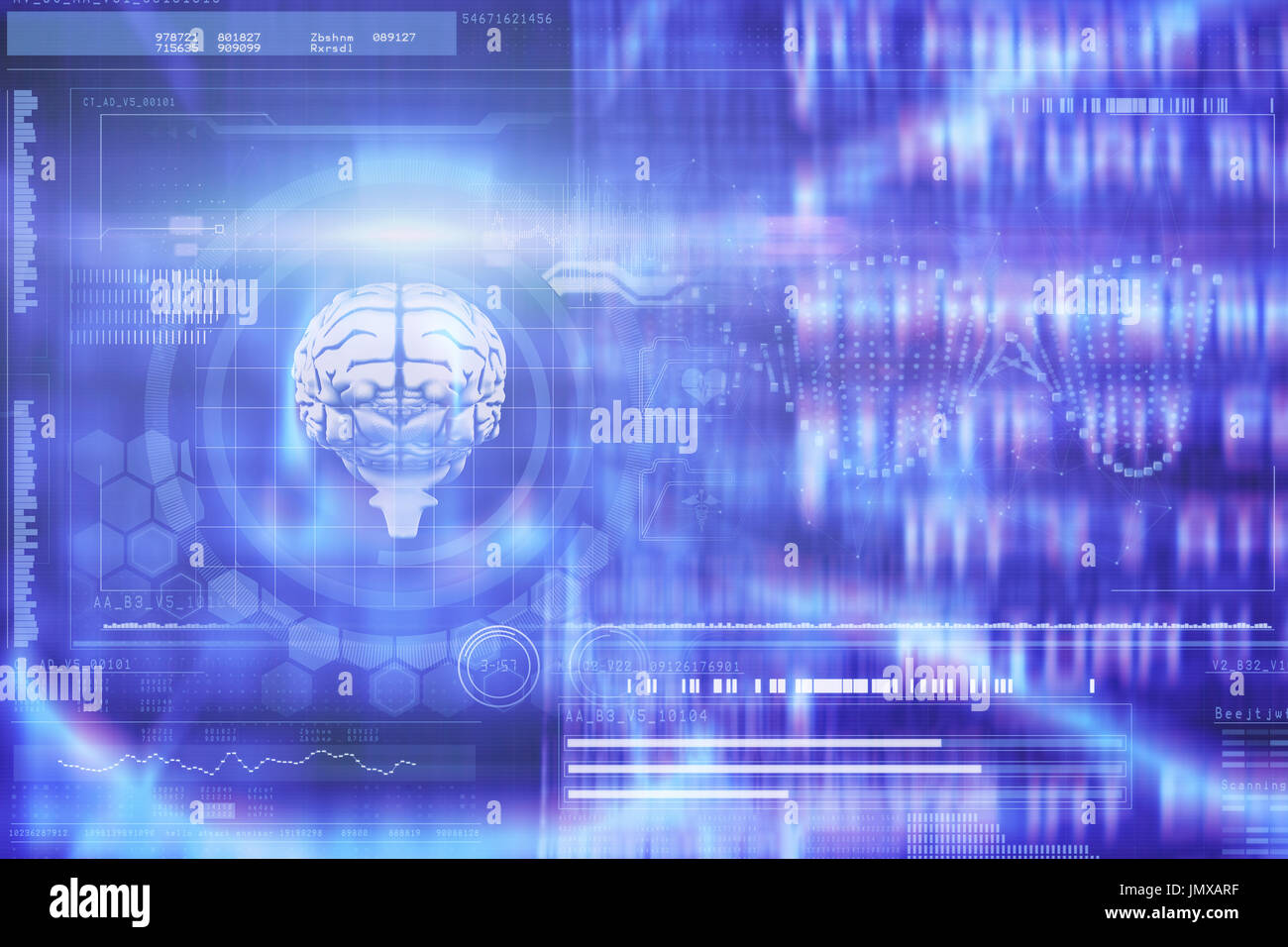 DNA helix and brain interface against abstract blue text Stock Photo