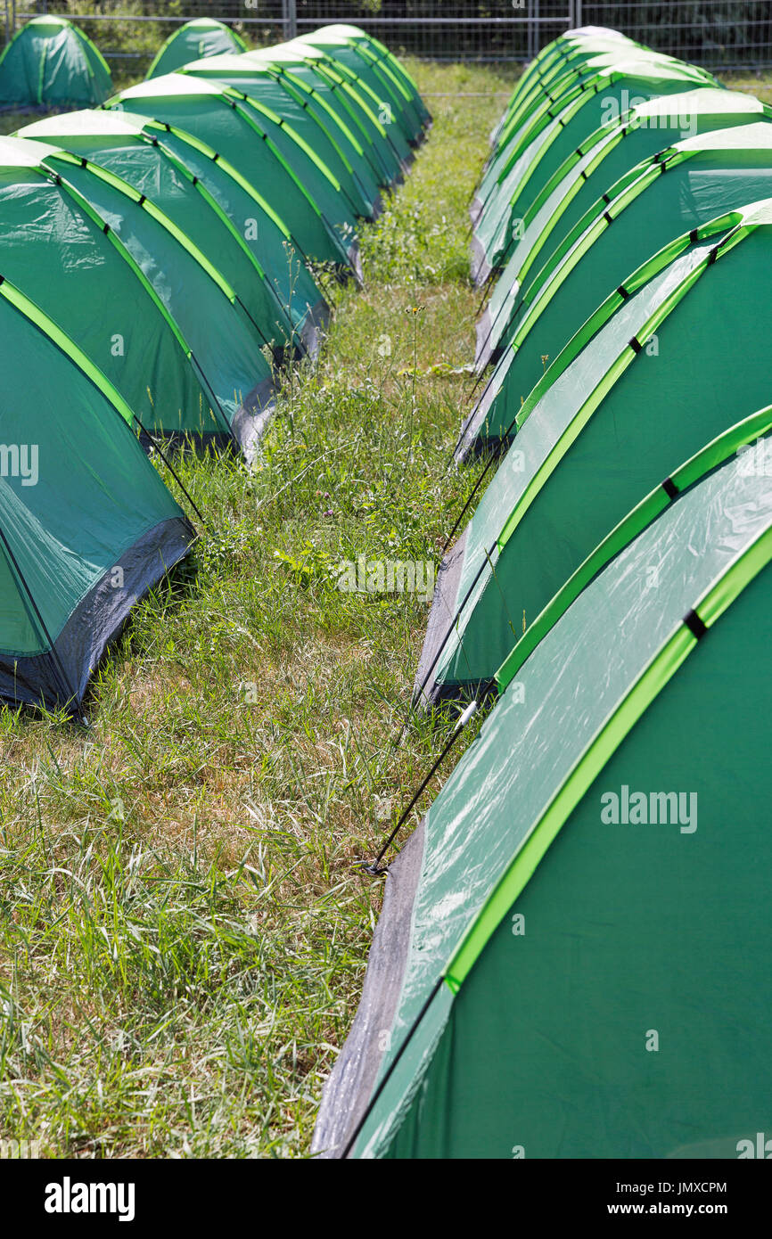 Rows of new green camping tents on campground Stock Photo Alamy