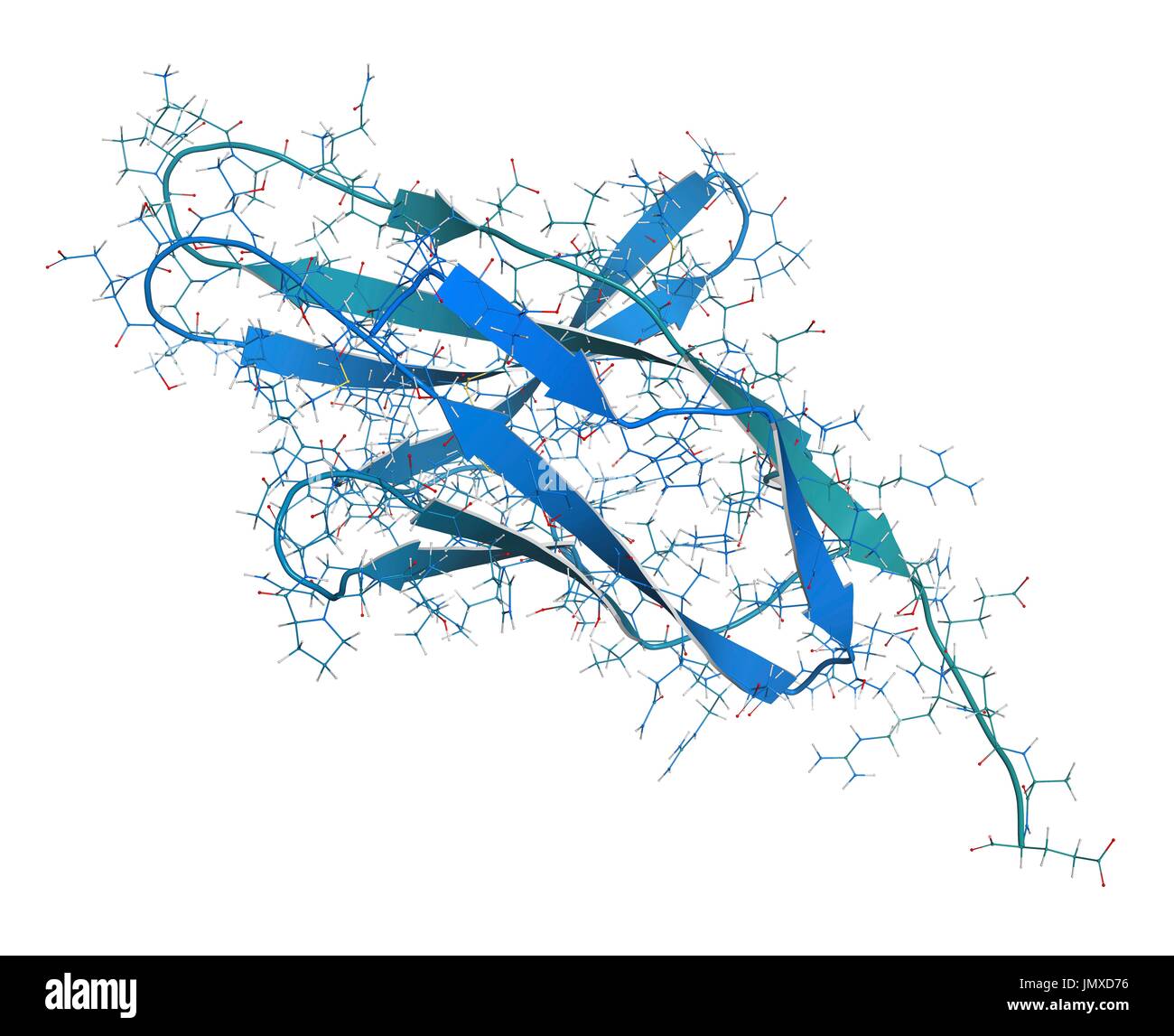 Programmed cell death 1 (PD-1, CD279) receptor protein. PD-1 is a major cancer drug target. Combined wireframe and cartoon model. Cartoon and carbon atoms: backbone gradient colouring (blue-teal); other atoms: conventional colour coding. Stock Photo