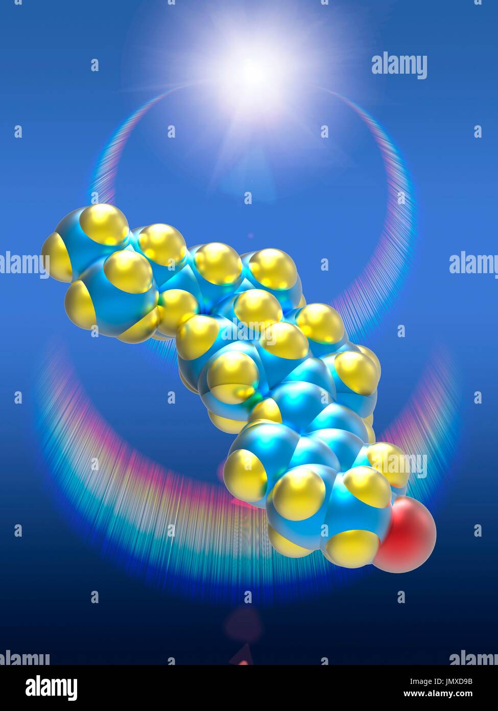 A molecular model of vitamin D3 (cholecalciferol), a form of vitamin D synthesized in the skin as a result of ultraviolet B light. Vitamin D3 plays a role in calcium absorption to maintain strong bones and balance levels of calcium and phosphorus in the blood. Atoms are coloured blue (carbon), yellow (hydrogen), and red (oxygen). In the background a sun flare with chromatic reflections. Stock Photo