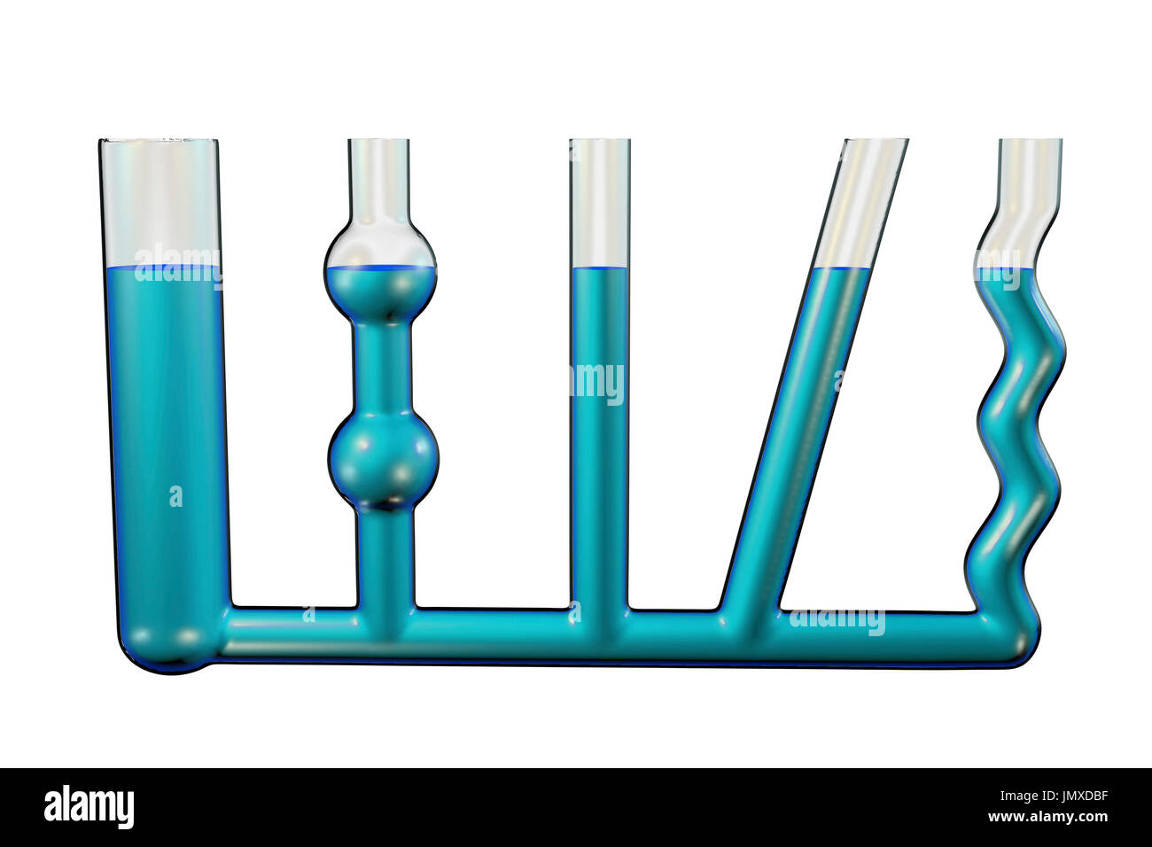 Communicating vessels, a type of laboratory glassware, are used to demonstrate Stevin's Law. Stock Photo
