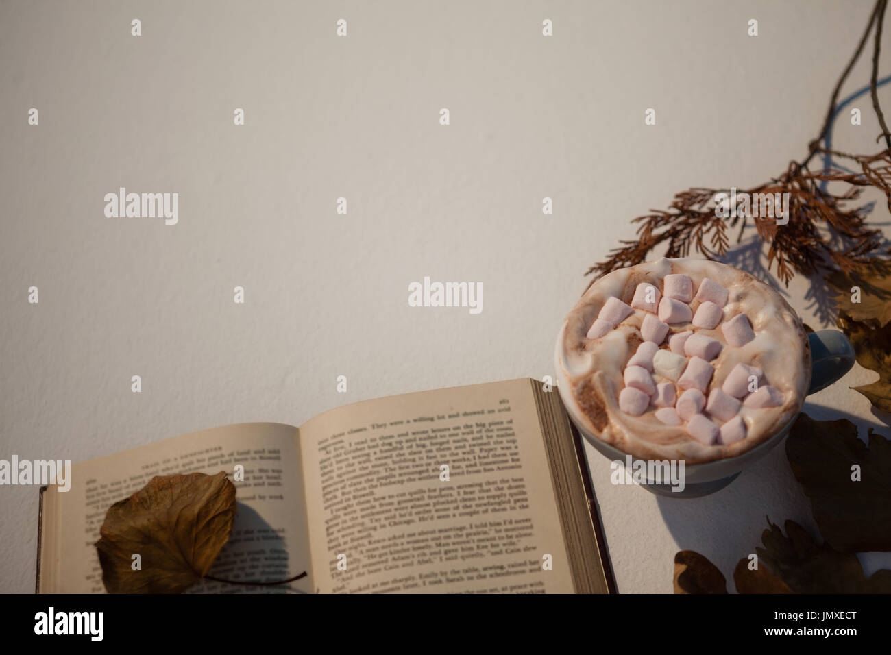 Cup of cappuccino with open book on white background Stock Photo