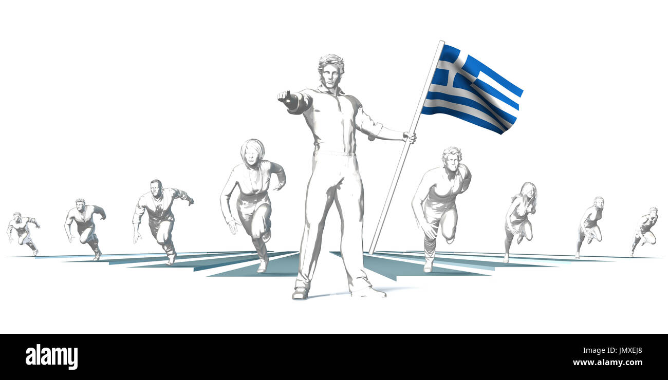 Greece Racing to the Future with Man Holding Flag Stock Photo