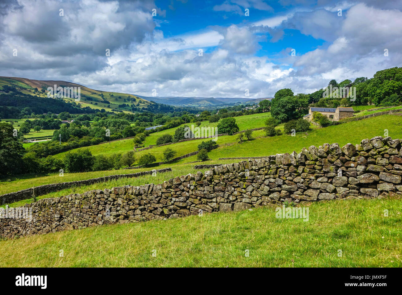 Walls and fields above Hathersage, Peak District countryside Stock Photo