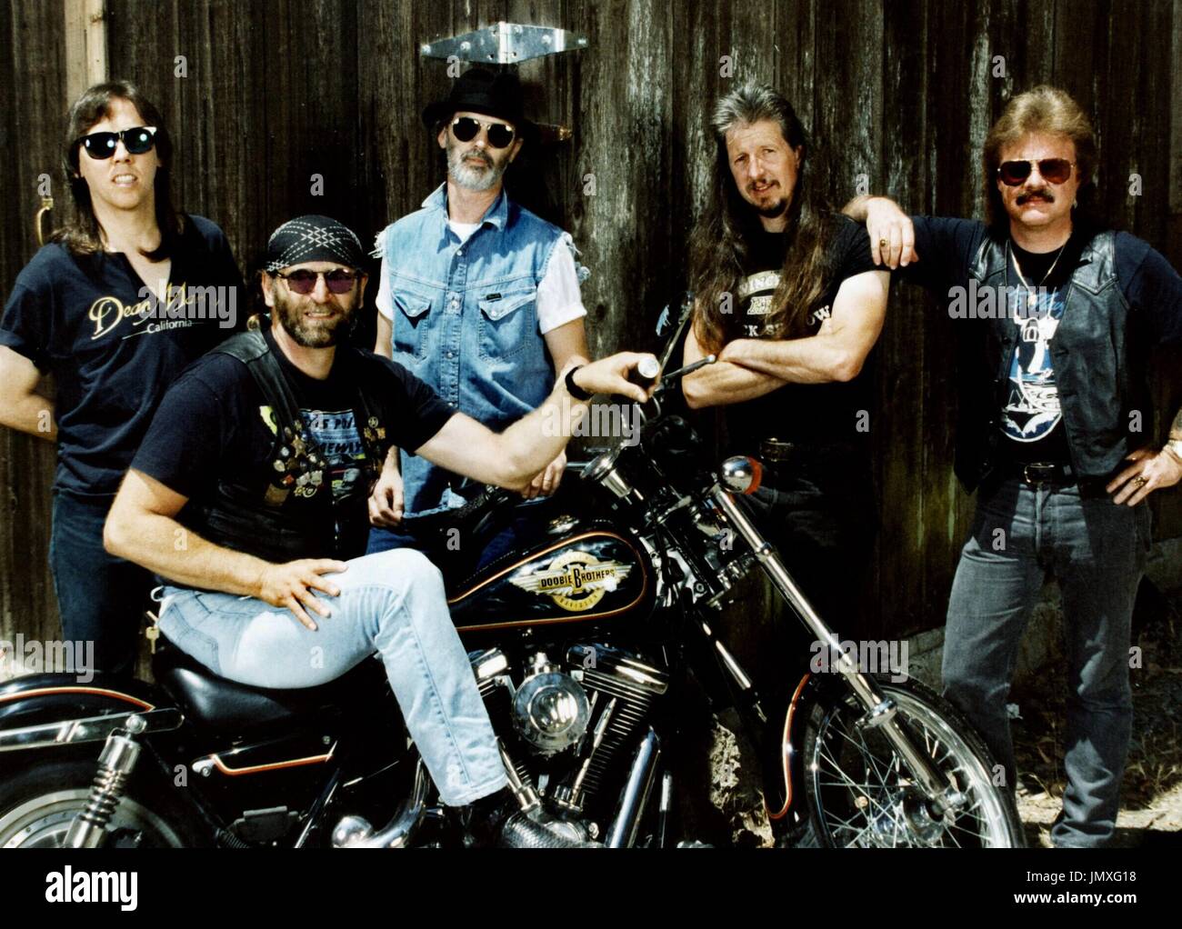 The Doobie Brothers photographed at the Niebaum-Coppola Ranch in San Fransisco, CA in 1993.  L-r:  John McFee, 'Big Mike' Michael Hossack, Keith Knudsen, Patrick Simmons & Tom Johnston.   ** HIGHER RATES APPLY **  © RTJohnson / MediaPunch Stock Photo