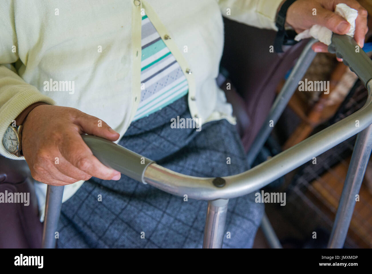 Picture: OAP, Pensioner, Zimmer Frame, Mobility, Disability, old age, frail Stock Photo
