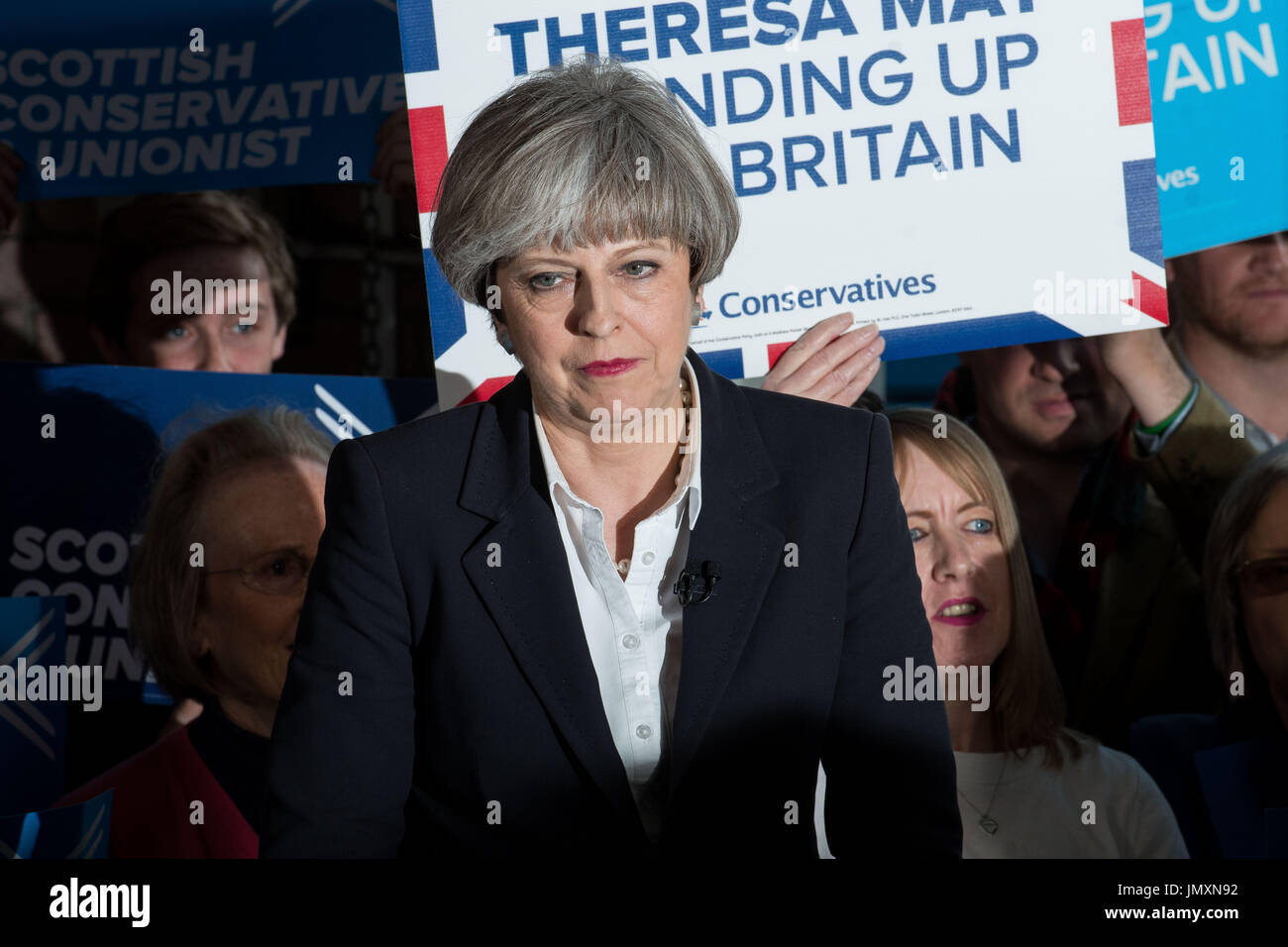 Prime Minister Theresa May visits Clockwork Removal and Storage company in Edinburgh in the build up to the UK general election, 5th June 2017 Stock Photo