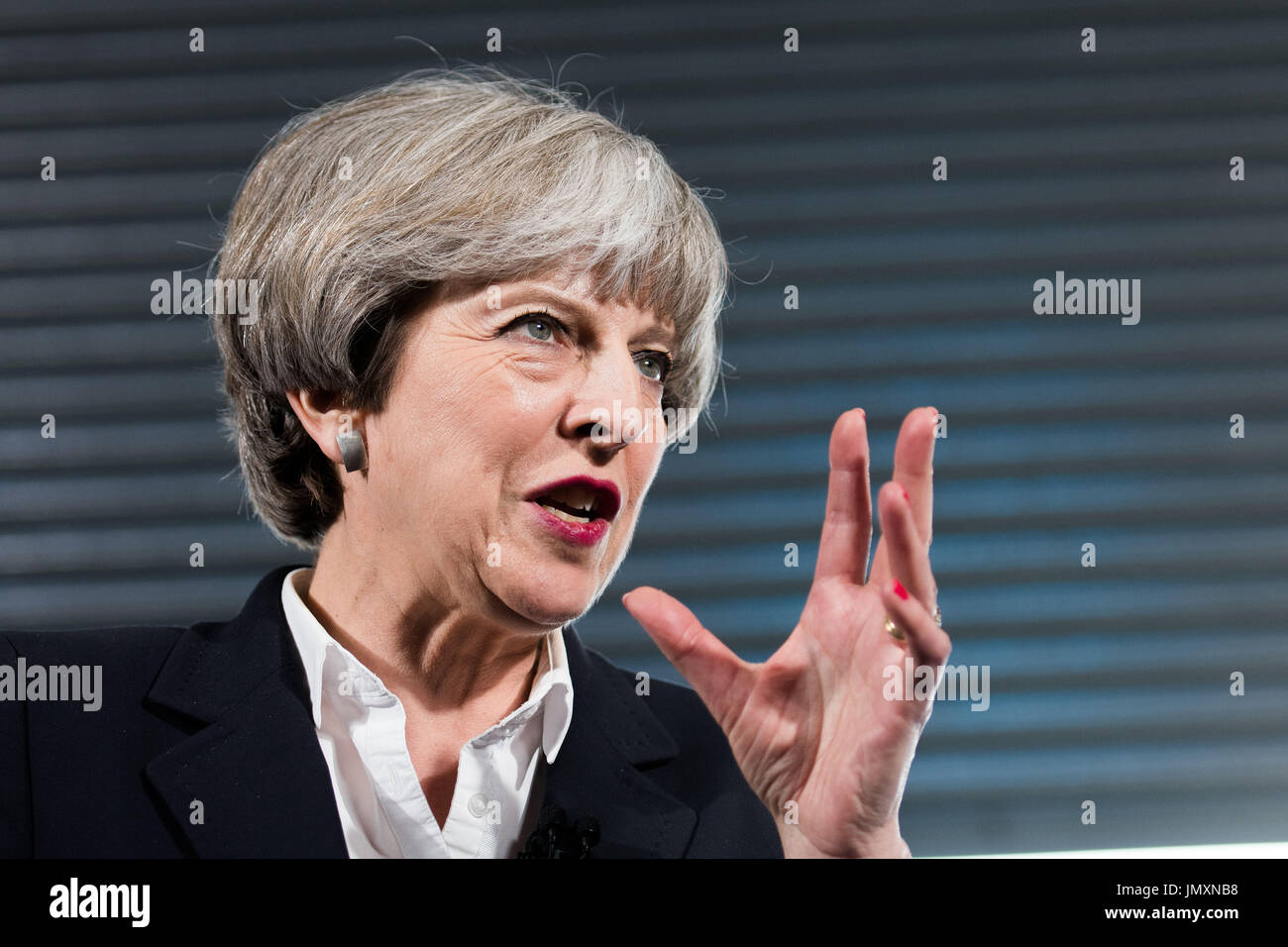 Prime Minister Theresa May visits Clockwork Removal and Storage company in Edinburgh in the build up to the UK general election, 5th June 2017 Stock Photo