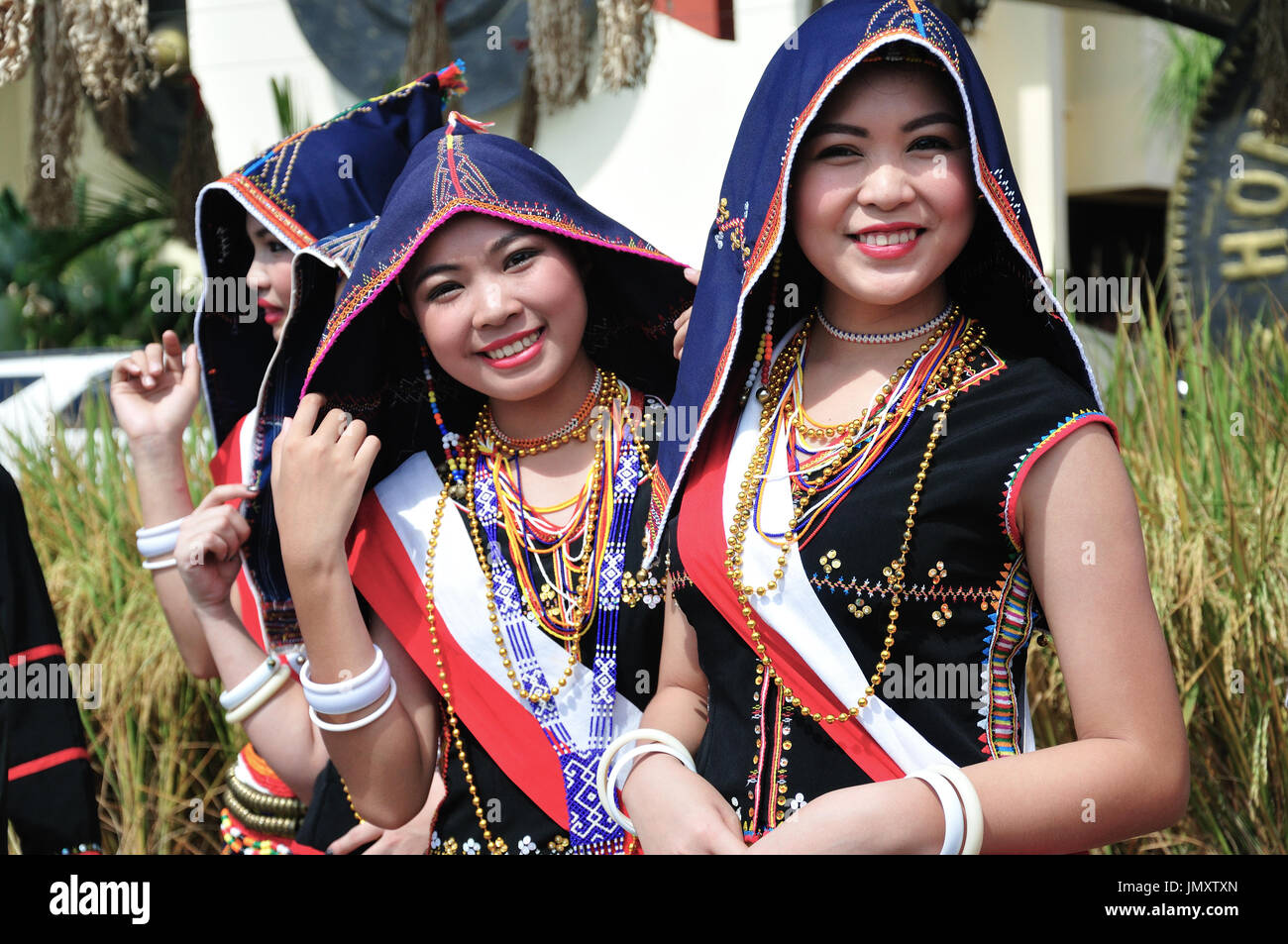KOTA KINABALU, MALAYSIA - MAY 30, 2015: Women of Kadazandusun ethnic in traditional costumes during the State Harvest Festival Celebration in KDCA, Ko Stock Photo