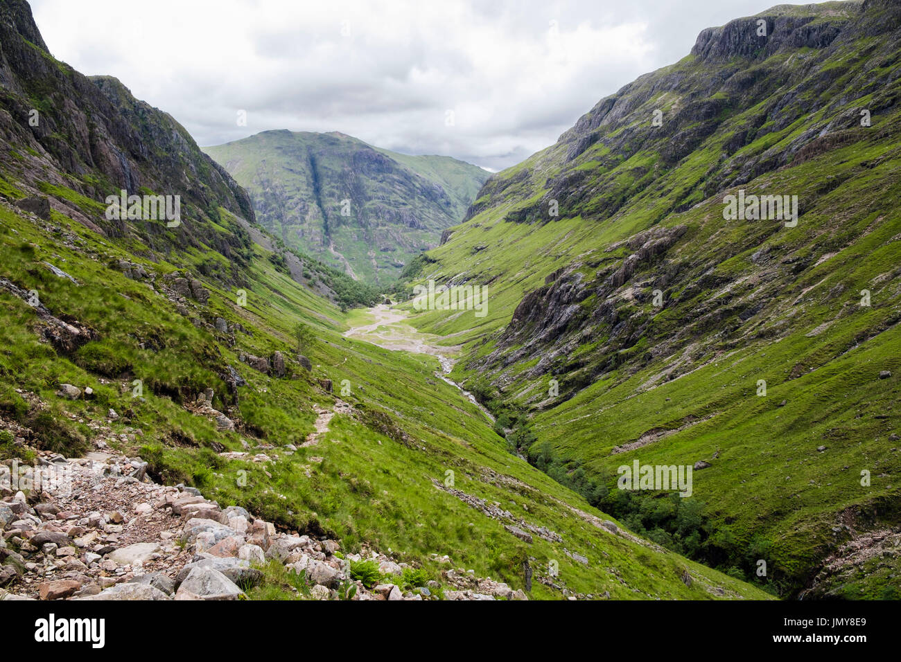 View down the Hidden or Lost Valley (Coire Gabhail) with path from Glen Coe pass. Glencoe, Lachabar, Inverness-shire, Highland, Scotland, UK, Britain Stock Photo