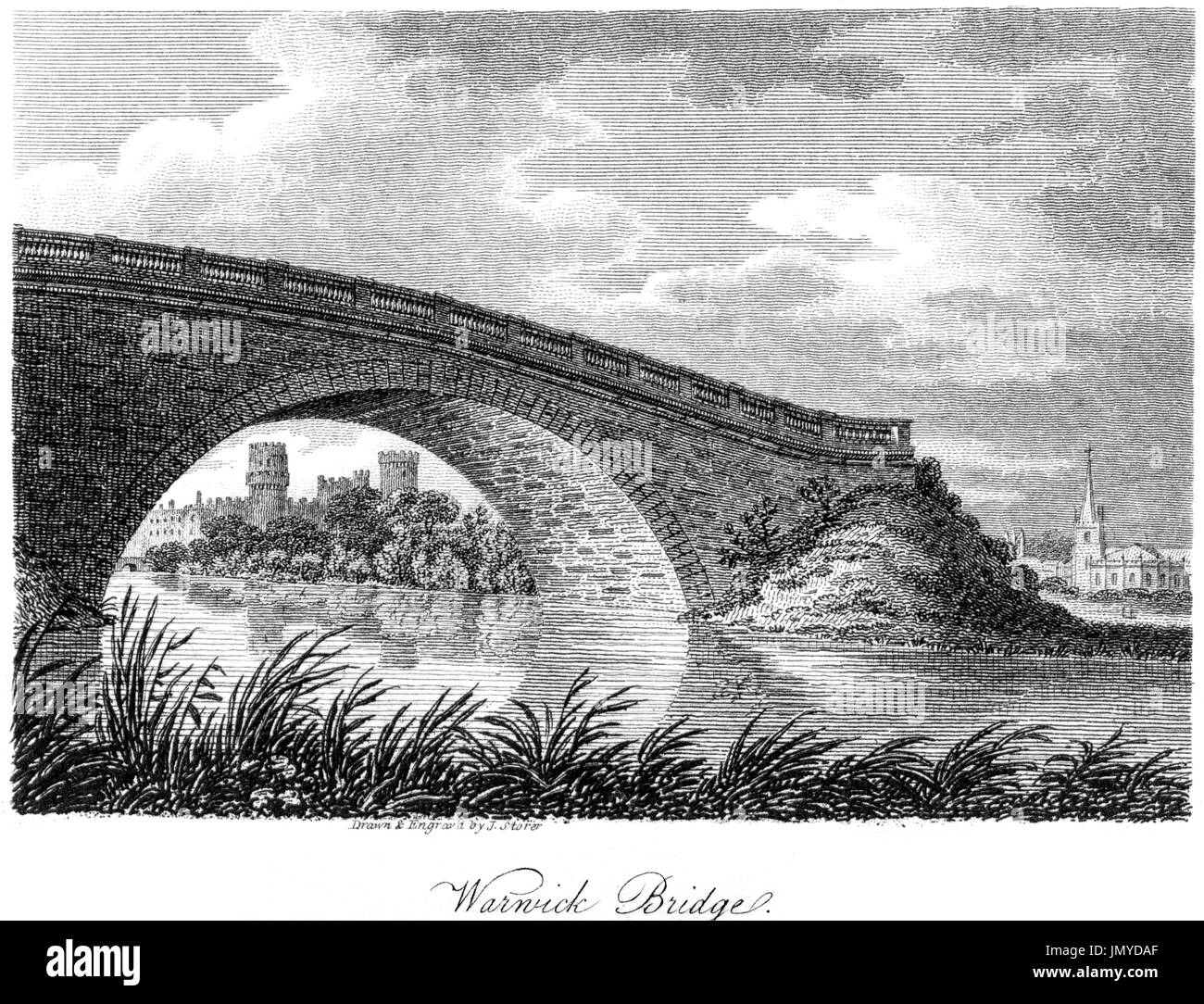 An engraving of Warwick Bridge scanned at high resolution from a book printed in 1808.  Believed copyright free. Stock Photo