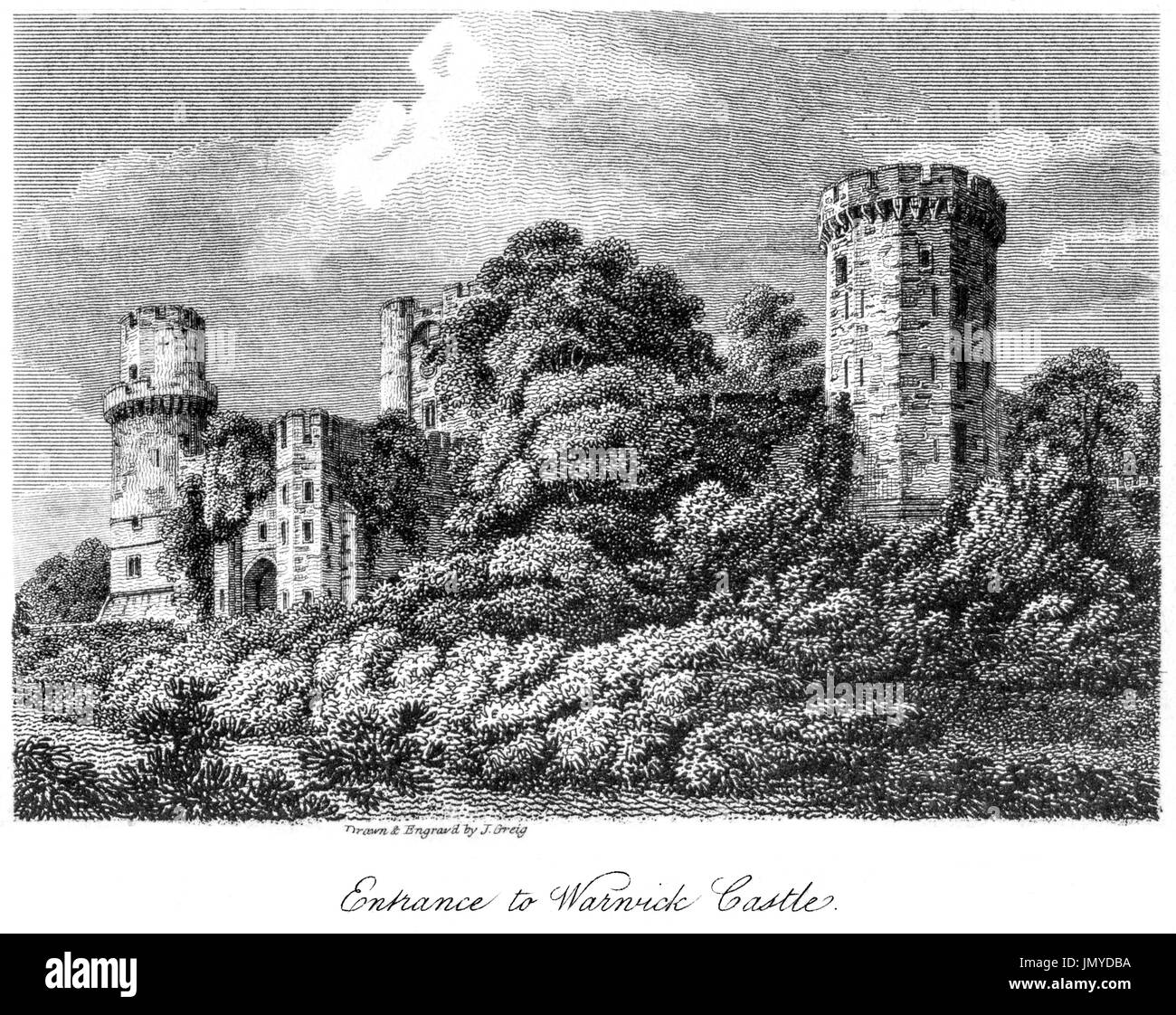 An engraving of the Entrance to Warwick Castle scanned at high resolution from a book printed in 1808.  Believed copyright free. Stock Photo