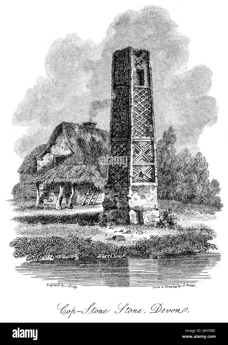 An engraving of Cop Stone Stone (Copplestone Cross) Devon scanned at high resolution from a book printed in 1808.  Believed copyright free. Stock Photo