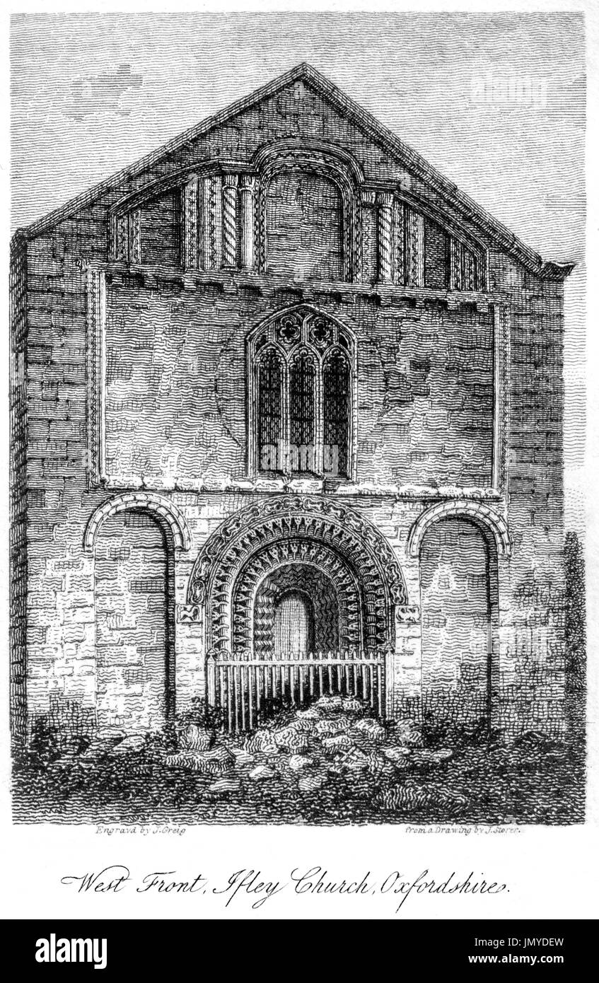 An engraving of the West Front, Ifley (Iffley) Church, Oxfordshire scanned at high resolution from a book printed in 1808.  Believed copyright free. Stock Photo