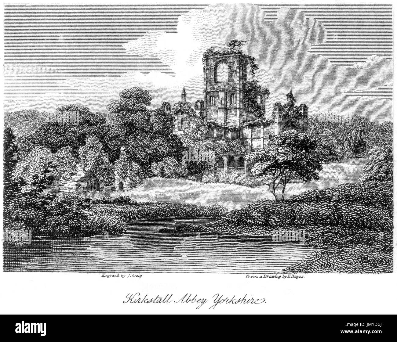 An engraving of Kirkstall Abbey, Yorkshire scanned at high resolution from a book printed in 1808.  Believed copyright free. Stock Photo