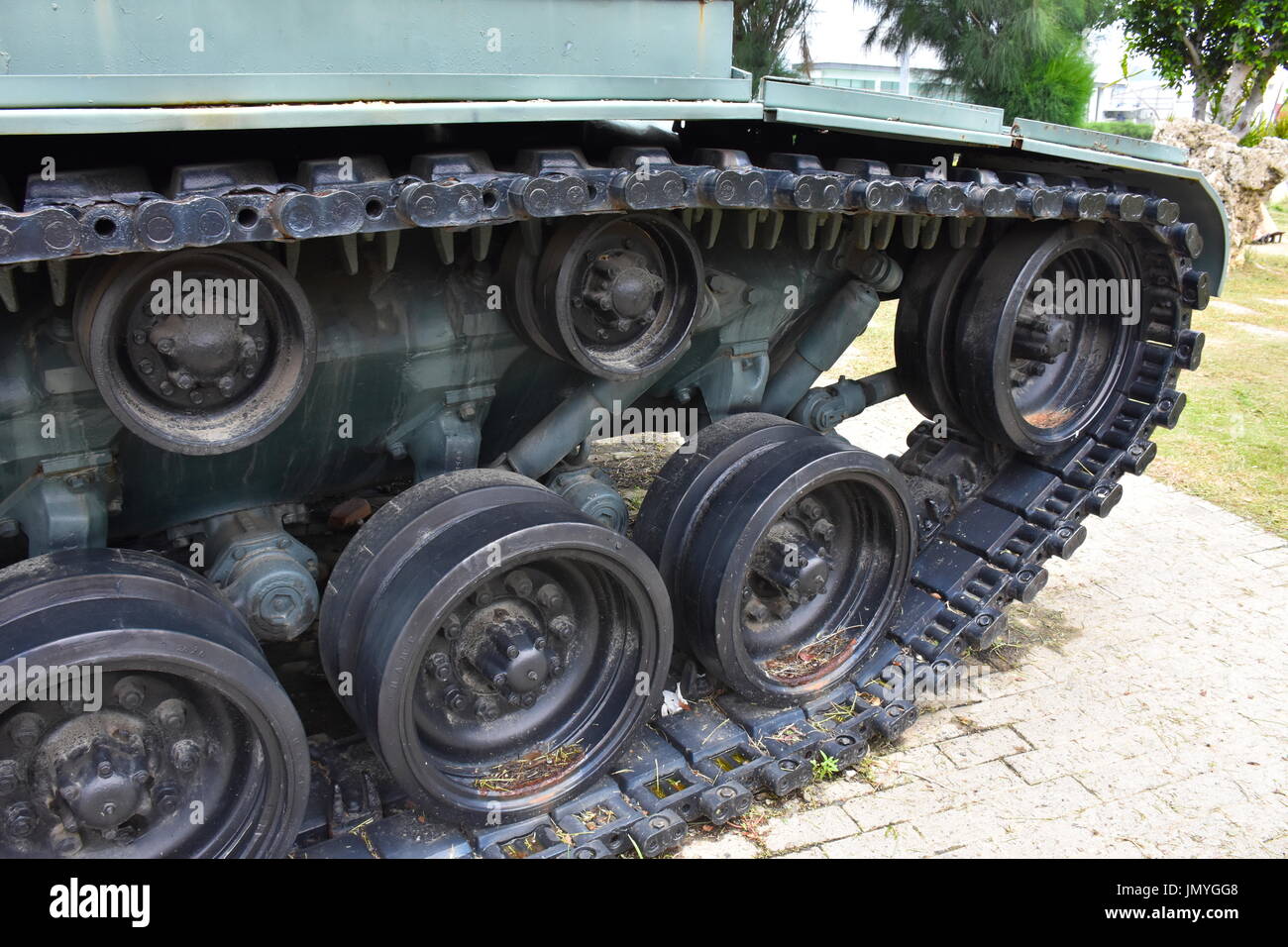 Old WWII tank in Taiwan on display in center of town along road, south Taiwan. Stock Photo